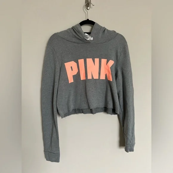 PINK Victoria’s Secret Cropped Hoodie Gray Neon Logo Size S - Picture 3 of 9